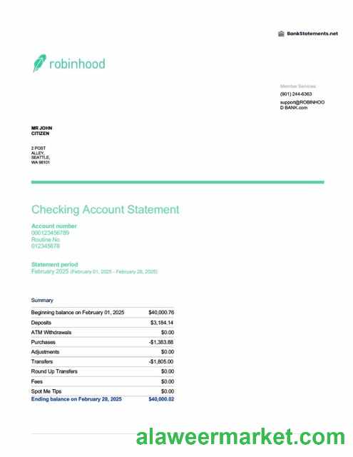 USA Robinhood Banking account statement Word and PDF template
